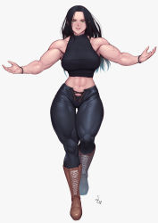 Rule 34 | 1girl, abs, absurdres, black hair, black pants, black tank top, boots, bracelet, commission, crop top, green eyes, highres, jewelry, long hair, looking at viewer, midriff, muscular, muscular female, original, pants, scar, simple background, smile, solo, speedl00ver, tank top, thick thighs, thigh gap, thighs, white background