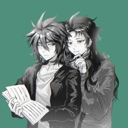 Rule 34 | 2boys, ahoge, book, chinese commentary, closed mouth, commentary request, fuxiangyi800, green background, greyscale with colored background, hair between eyes, harada minoru, highres, holding, holding book, holding pen, isoi reiji, jacket, long hair, long sleeves, male focus, multiple boys, open clothes, open jacket, pen, saibou shinkyoku, scar, scar on face, scar on forehead, shirt, short hair, simple background, smile