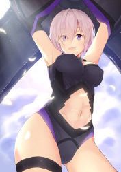 Rule 34 | 1girl, absurdres, armor, armored dress, armpits, arms up, bare shoulders, breasts, commentary request, elbow gloves, eyes visible through hair, fate/grand order, fate (series), from below, gloves, hair over one eye, highres, leotard, looking at viewer, mash kyrielight, medium breasts, navel, open mouth, purple eyes, purple hair, shield, short hair, solo, stomach, yorubeni