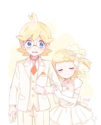 Rule 34 | 1boy, 1girl, ahoge, bad id, bad pixiv id, blonde hair, blue eyes, blush, bonnie (pokemon), bow, bridal gauntlets, bridal veil, bride, brother and sister, choker, clemont (pokemon), collared shirt, commentary request, cowboy shot, creatures (company), dress, earrings, elbow gloves, closed eyes, flower, formal, game freak, glasses, gloves, groom, hair flower, hair ornament, handkerchief, holding, holding clothes, holding gloves, incest, jacket, jewelry, looking at another, mei (maysroom), necktie, nintendo, pants, pokemon, pokemon (anime), pokemon xy (anime), red neckwear, shirt, siblings, side ponytail, signature, smile, standing, suit, veil, wedding dress, white bow, white dress, white gloves, white jacket, white pants, white shirt, white suit, yellow choker