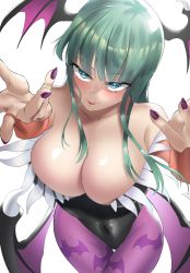 Rule 34 | 1girl, animal print, bare shoulders, bat print, bat wings, black leotard, blush, breasts, bridal gauntlets, cleavage, collarbone, commentary, covered navel, demon girl, fingernails, green eyes, green hair, head wings, highres, large breasts, leotard, long hair, looking at viewer, low wings, morrigan aensland, nail polish, outstretched arms, pantyhose, parted lips, print pantyhose, purple nails, purple pantyhose, sato one1, seductive smile, simple background, smile, vampire (game), white background, wings