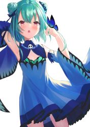 Rule 34 | 1girl, :o, absurdres, animal, animal on hand, arm behind head, arm up, bad id, bad pixiv id, blue bow, blue dress, blue sleeves, blush, bow, bug, butterfly, butterfly on hand, commentary request, detached sleeves, double bun, dress, green hair, hair between eyes, hair bow, hair bun, hand up, highres, hololive, insect, long sleeves, looking at viewer, parted lips, pleated skirt, red eyes, shinomiya ino, simple background, skirt, skull, sleeveless, sleeveless dress, solo, standing, uruha rushia, uruha rushia (1st costume), virtual youtuber, white background, wide sleeves