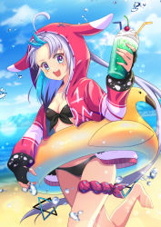 Rule 34 | 1girl, ahoge, barefoot, bendy straw, bikini, black gloves, blue hair, blurry, breasts, character request, cherry, cleavage, clip, commentary request, copyright request, day, depth of field, drinking straw, facial mark, fingerless gloves, food, fruit, gloves, green bikini, hair ornament, hand up, highres, holding, hood, hooded jacket, innertube, jacket, leg up, long hair, long sleeves, looking at viewer, mongble, ocean, open mouth, outdoors, pink jacket, sky, small breasts, smile, solo, swim ring, swimsuit, teeth, upper teeth only, virtual youtuber, water, white jacket