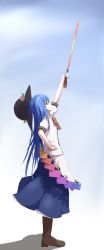 Rule 34 | 1girl, black hat, blue hair, blue skirt, blue sky, boots, bow, bowtie, brown footwear, cloud, commentary request, cross-laced footwear, dress, flat chest, food, from side, fruit, full body, hand on own hip, hat, hat loss, head tilt, highres, hinanawi tenshi, holding, holding sword, holding weapon, layered dress, leaf, light smile, long hair, looking up, outstretched arm, peach, petticoat, puffy short sleeves, puffy sleeves, red bow, red bowtie, red eyes, resa 7z (resastr), shadow, shirt, short sleeves, skirt, sky, solo, standing, sword, sword of hisou, touhou, very long hair, weapon, white shirt