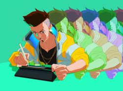 Rule 34 | 1boy, blood, brown hair, clenched teeth, commentary, cyberpunk (series), cyberpunk edgerunners, david martinez, drawing tablet, english commentary, green background, highres, holding, holding stylus, jacket, nosebleed, short hair, simple background, stylus, teeth, upper body