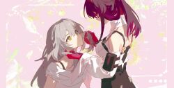 Rule 34 | 2girls, absurdres, black skirt, closed mouth, commentary request, gloves, grey hair, hand in another&#039;s hair, highres, honkai: star rail, honkai (series), kafka (honkai: star rail), long hair, long sleeves, multiple girls, off-shoulder shirt, off shoulder, pink background, purple gloves, purple hair, rafaelaaa, shirt, skirt, stelle (honkai: star rail), trailblazer (honkai: star rail), upper body, white shirt, yellow eyes, yuri
