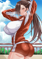 Rule 34 | 1girl, absurdres, arms behind head, ass, ass peek, blue sky, blush, breasts, brown eyes, brown hair, buruma, cloud, commentary, commission, fence, fire emblem, fire emblem fates, gym shorts, gym uniform, hair over one eye, highres, jacket, kagero (fire emblem), large breasts, long hair, looking at viewer, mature female, nintendo, outdoors, ponytail, railing, red buruma, rynn (darknescorez), shirt, shorts, sky, solo, sportswear, steaming body, sweat, track jacket, tree, undersized clothes, underwear, white shirt