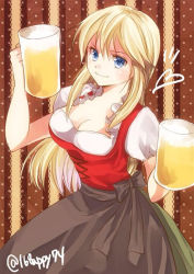 Rule 34 | &gt;:), 10s, 1girl, alcohol, alternate costume, bad id, bad pixiv id, beer, beer mug, bismarck (kancolle), blonde hair, blue eyes, breasts, cleavage, cup, dirndl, german clothes, heart, holding, iroha (shiki), kantai collection, large breasts, long hair, looking at viewer, mug, no headwear, no headwear, oktoberfest, short sleeves, smile, solo, standing, traditional clothes, twitter username, v-shaped eyebrows