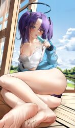 Rule 34 | 1girl, absurdres, alternate costume, ass, barefoot, black panties, blue archive, breasts, camisole, collarbone, crop top, feet, food, food on body, halo, highres, holding, holding food, holding popsicle, jacket, legs, looking at viewer, melting, panties, popsicle, purple eyes, purple hair, single bare shoulder, sitting, small breasts, soles, solo, strap slip, toe scrunch, toenails, toes, tongue, track jacket, two side up, underwear, white camisole, wooden floor, yerim, yuuka (blue archive)