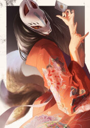 Rule 34 | 1girl, absurdres, bani-lizo, black hair, brown background, card, commentary, covered face, cowboy shot, english commentary, facing viewer, floral print, fox girl, fox mask, fox shadow puppet, fox tail, from side, hands up, highres, holding, holding card, japanese clothes, kimono, long hair, long sleeves, mask, mixed-language commentary, multiple tails, obi, original, outside border, print kimono, red kimono, ribbon, sash, solo, tail, wide sleeves