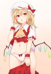 Rule 34 | 1girl, ascot, beige background, blonde hair, blush, bow, bow panties, clothes pull, commentary request, cowboy shot, crop top, crystal, flandre scarlet, frilled ascot, frilled shirt collar, frills, gluteal fold, gradient background, groin, hair between eyes, hand up, hat, hat bow, highres, holding, holding clothes, midriff, miyo (ranthath), mob cap, navel, panties, puffy short sleeves, puffy sleeves, red bow, red eyes, red skirt, red vest, shirt, short hair, short sleeves, skirt, skirt pull, skirt set, solo, standing, stomach, thighs, touhou, underwear, vest, white background, white hat, white panties, white shirt, wings, wrist cuffs, yellow ascot
