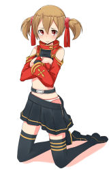 Rule 34 | 10s, 1girl, bad id, bad pixiv id, belt, blush, boots, breasts, brown hair, clothes pull, covering privates, detached sleeves, fingerless gloves, gloves, hair ribbon, kneeling, nipples, panties, red eyes, ribbon, short twintails, silica, simple background, skirt, skirt pull, solo, sword art online, tears, thigh boots, thighhighs, twintails, underwear, white panties, zukaketawagase