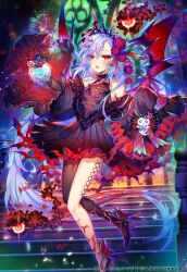 Rule 34 | 1girl, age of ishtaria, bare shoulders, bat (animal), bat wings, black dress, black gloves, black thighhighs, blue hair, blush, cagliostro (age of ishtaria), copyright name, copyright notice, dress, elbow gloves, fang, flask, flower, ghost, gloves, hair flower, hair ornament, hair ribbon, highres, holding, holding flask, horns, looking at viewer, munlu (wolupus), off-shoulder dress, off shoulder, open mouth, red eyes, red ribbon, ribbon, rose, round-bottom flask, single horn, single thighhigh, solo, stairs, thighhighs, thighs, vampire, wings