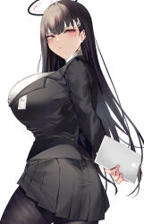 Rule 34 | 1girl, absurdres, arms behind back, black hair, black jacket, black pantyhose, black skirt, blue archive, blush, breasts, closed mouth, halo, highres, holding, holding tablet pc, jacket, large breasts, long hair, long sleeves, looking at viewer, looking to the side, namazu (yamasonson), pantyhose, pleated skirt, red eyes, rio (blue archive), shirt, simple background, skirt, solo, tablet pc, white background, white shirt