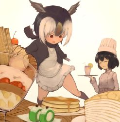 Rule 34 | 10s, 2girls, :d, apron, atlantic puffin (kemono friends), bendy straw, bird wings, black hair, black jacket, black scarf, black socks, blazer, blush, bob cut, butter, buttons, chef, chef hat, cherry, closed eyes, commentary request, cup, double-breasted, drinking glass, drinking straw, food, frilled skirt, frills, fruit, furrowed brow, hair between eyes, hat, head wings, highres, holding, holding tray, jacket, kaban (kemono friends), kemono friends, kneehighs, long sleeves, miniskirt, multicolored hair, multiple girls, open mouth, pancake, pancake stack, parfait, parted bangs, raised eyebrows, red eyes, scarf, short hair, simple background, skirt, smile, socks, strawberry, suginakara (user ehfp8355, sweater vest, syrup, table, tray, waist apron, wavy hair, white background, white hair, white skirt, wings, wooden table