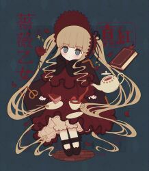 Rule 34 | 1girl, :o, absurdres, blonde hair, blunt bangs, blush, bonnet, book, bow, cake, character name, cup, dress, flower, food, fork, full body, grey eyes, highres, kettle, lolita fashion, long hair, mary janes, plate, rabiyamarabi, red dress, rose, rozen maiden, shinku, shoes, solo, tea, teacup, twintails, very long hair