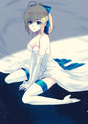 Rule 34 | 1girl, ahoge, artoria pendragon (all), artoria pendragon (fate), backless dress, backless outfit, between legs, blonde hair, blue bow, blue eyes, bow, choker, collarbone, dress, elbow gloves, fate/stay night, fate (series), garter straps, gloves, hair bow, hand between legs, high heels, highres, long hair, looking at viewer, official alternate costume, open mouth, ponytail, pumps, ro96cu, saber (fate), sitting, sleeveless, sleeveless dress, solo, strapless, strapless dress, thighhighs, wariza, wedding dress, white dress, white footwear, white gloves, white thighhighs