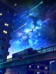 Rule 34 | 1girl, absurdres, balcony, black hair, building, city, commentary request, fantasy, highres, index finger raised, long hair, meteor shower, milky way, moon, night, original, outdoors, pedestrian bridge, pointing, railing, revision, scenery, shirt, short sleeves, sky, smile (qd4nsvik), solo, standing, star (sky), starry sky, traffic light, very wide shot, white shirt, window