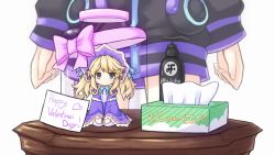 Rule 34 | 2girls, adult neptune, black jacket, blonde hair, blue eyes, blush, bow, bowtie, company name, dress, embarrassed, english text, frown, full body, gift wrapping, hair between eyes, happy valentine, highres, histoire, jacket, jar, kami jigen game neptune v, long hair, long sleeves, looking at viewer, lube, mini person, minigirl, multiple girls, neptune (series), nervous, novus rue, pun, purple dress, sitting, solo focus, tissue, tissue box, twintails, valentine, white legwear
