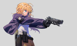 Rule 34 | 1girl, aiming, belt, black gloves, blonde hair, blue eyes, braid, breasts, brown pants, crown braid, earpiece, finger on trigger, flashlight, from side, gloves, grey background, gun, handgun, highres, holster, jacket, m1911, magazine (weapon), messy hair, original, pants, pistol, purple jacket, shirt, short hair, small breasts, solo, tac239, tactical clothes, tactical light, upper body, weapon, white shirt