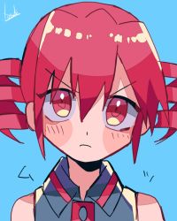 Rule 34 | 1girl, angry, bare shoulders, blue background, blue shirt, blush stickers, commentary, drill hair, frown, kasane teto, looking up, portrait, red eyes, red hair, shirt, short hair, signature, simple background, sleeveless, sleeveless shirt, solo, twin drills, upper body, utau, v-shaped eyebrows, yuusuke-kun