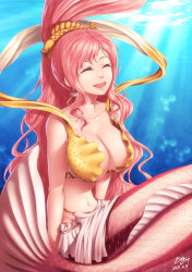 Rule 34 | 10s, 1girl, 2013, ^ ^, artist name, breasts, bubble, cleavage, closed eyes, collarbone, dated, earrings, closed eyes, female focus, fish hair ornament, hair ornament, hairclip, happy, highres, jewelry, large breasts, long hair, mermaid, monster girl, navel, one piece, open mouth, pink hair, scales, shirahoshi, signature, smile, solo, striped, striped tail, sunlight, tail, underwater, very long hair, wavy hair, zerg309