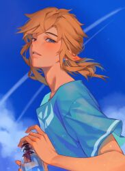 Rule 34 | 1boy, blue eyes, blue sky, blue tunic, blush, bottle, cloud, cloudy sky, day, earrings, fingernails, hair between eyes, hands up, highres, hireath 21, holding, holding bottle, jewelry, light brown hair, link, looking at viewer, male focus, nintendo, outdoors, pointy ears, ponytail, short hair, short ponytail, short sleeves, sky, smile, solo, tan, teeth, the legend of zelda, tunic