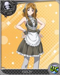 Rule 34 | 10s, 1girl, apron, artist request, brown eyes, brown hair, card (medium), character name, chess piece, hairband, high school dxd, lolita hairband, long hair, maid headdress, marion (high school dxd), official art, orange background, pantyhose, pawn (chess), solo, trading card, wrist cuffs
