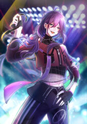 Rule 34 | 1boy, absurdres, androgynous, ayase mayoi, black gloves, black pants, black shirt, blue eyes, blush, crop top, ensemble stars!, fingerless gloves, gloves, headset, highres, jacket, long hair, long sleeves, looking at viewer, male focus, mole, mole under mouth, open mouth, pants, podo mayo, purple hair, red jacket, sharp teeth, shirt, sleeveless, sleeveless shirt, smile, solo, teeth, turtleneck
