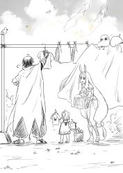Rule 34 | 1boy, 2girls, absurdly long hair, aged down, ahoge, animal ears, basket, bed sheet, bird, cape, carrying, carrying clothes, cloud, comic, commentary request, drying, drying clothes, earrings, fate/grand order, fate (series), fujimaru ritsuka (female), gloves, greyscale, hair ornament, hair scrunchie, hairband, high heels, highres, hoop earrings, jackal ears, jewelry, kashiyama, long hair, medjed (fate), monochrome, multiple girls, nitocris (fate), open mouth, outdoors, ozymandias (fate), sandals, scrunchie, shirt, short hair, short sleeves, sidelocks, sky, translation request, twitter username, very long hair, wet, wet clothes, wet shirt