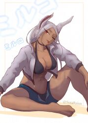 Rule 34 | 1girl, ;p, abs, absurdres, animal ears, barefoot, bikini, bikini under shorts, black bikini, blue shorts, boku no hero academia, breasts, cleavage, collarbone, commentary, crescent, cropped jacket, dark-skinned female, dark skin, earclip, earrings, english commentary, feet, gem, grey jacket, head tilt, highres, jacket, jewelry, knee up, large breasts, long eyelashes, long hair, looking at viewer, mirko, mixed-language commentary, navel, one eye closed, open fly, parted bangs, rabbit ears, rabbit girl, red eyes, red gemstone, shorts, sitting, solo, sora raion, spanish commentary, stomach, swimsuit, thighs, toes, toned, tongue, tongue out, twitter username, white hair