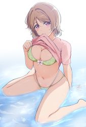 Rule 34 | 1girl, absurdres, ankoiri, barefoot, bikini, blush, bow, bow bikini, breasts, brown hair, cleavage, clothes in mouth, clothes lift, commentary, green bikini, highres, koizumi hanayo, lifted by self, looking at viewer, love live!, love live! school idol project, medium breasts, mouth hold, multi-strapped bikini, navel, no pants, pink shirt, purple eyes, shirt, shirt in mouth, shirt lift, short hair, short sleeves, sitting, skindentation, solo, sparkle, swimsuit, symbol-only commentary, t-shirt, wading, wariza, water, wet