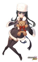 Rule 34 | 1girl, blush, bow, brown capelet, brown coat, brown thighhighs, capelet, closed mouth, coat, full body, fur-trimmed capelet, fur-trimmed coat, fur collar, fur hat, fur trim, goddess kiss, hand up, hat, highres, holding, knees together feet apart, light frown, long hair, long sleeves, looking at viewer, milyu, navel, no pants, official art, pouch, red bow, red neckwear, simple background, solo, stuffed animal, stuffed toy, teddy bear, thighhighs, white background, white hat, zettai ryouiki