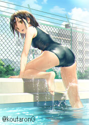 Rule 34 | 1girl, bare arms, bare legs, bare shoulders, barefoot, black hair, black one-piece swimsuit, brown eyes, building, chain-link fence, commentary request, day, fence, koutaro, old school swimsuit, one-piece swimsuit, open mouth, original, outdoors, pool, school swimsuit, short hair, sky, smile, solo, swimsuit, twitter username, water, wet