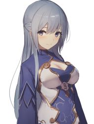 Rule 34 | 1girl, blush, breasts, cleavage, cleavage cutout, closed mouth, clothing cutout, eyelashes, grey background, grey hair, hair between eyes, hara shoutarou, highres, long eyelashes, long hair, looking at viewer, original, purple eyes, simple background, sketch, smile, solo, turtleneck