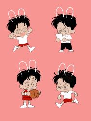 Rule 34 | 1boy, animal ears, arms up, ball, basketball (object), basketball uniform, black hair, chengongzi123, chibi, closed eyes, drawn ears, full body, glasses, hands up, highres, holding, holding ball, holding paper, kogure kiminobu, male focus, multiple views, open mouth, paper, pink background, rabbit ears, round eyewear, running, short hair, simple background, slam dunk (series), sportswear, standing, very short hair