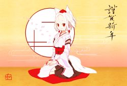 Rule 34 | 1girl, animal ears, canon4869, detached sleeves, egasumi, forehead, hands on lap, happy new year, hat, highres, inubashiri momiji, kourindou tengu costume, looking at viewer, new year, obi, pom pom (clothes), red eyes, sash, seiza, short hair, signature, sitting, skirt, smile, solo, tokin hat, touhou, white hair, wide sleeves, wolf ears