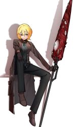 Rule 34 | 1girl, black pants, blonde hair, brown coat, brown eyes, brown footwear, brown gloves, closed mouth, coat, cosplay, don quixote (project moon), e.g.o (project moon), eyeball, gloves, grey shirt, highres, holding, holding weapon, kali (project moon), kali (project moon) (cosplay), lance, library of ruina, limbus company, living weapon, lobotomy corporation, mell 716, open clothes, open coat, pants, polearm, project moon, shadow, shirt, short hair, sitting, smile, solo, twitter username, weapon, white background