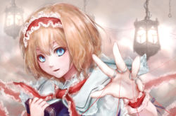 Rule 34 | 1girl, alice margatroid, blonde hair, blue eyes, book, capelet, grimoire, hairband, hoshibuchi, lantern, puppet rings, puppet strings, ring, solo, touhou