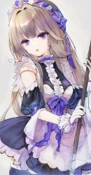 Rule 34 | 1girl, apron, breath, broom, brown hair, clothing cutout, doll, doll joints, dress, gloves, hair intakes, herta (honkai: star rail), highres, holding, holding broom, honkai: star rail, honkai (series), joints, long hair, looking at viewer, maid, maid apron, maid headdress, open mouth, purple dress, purple eyes, shoulder cutout, sigh, simple background, solo, teeth, toro astro, upper body, upper teeth only, white background, white gloves