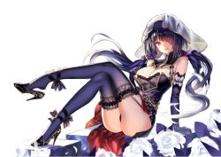 Rule 34 | 10s, 1girl, arm support, ass, bare shoulders, black gloves, black hair, black thighhighs, blue gloves, blue thighhighs, breasts, cleavage, crossed legs, date a live, dress, elbow gloves, female focus, flower, garter straps, gloves, hair over one eye, happy, heterochromia, high heels, large breasts, long hair, looking at viewer, miyazakisoul, open mouth, petals, red eyes, rose, see-through, shoe dangle, shoes, simple background, sitting, smile, solo, thighhighs, tokisaki kurumi, twintails, white background, white flower, white rose