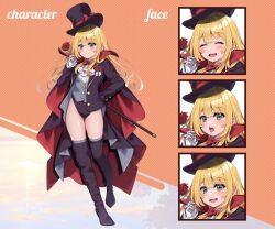Rule 34 | 1girl, absurdres, black cloak, black footwear, black hat, black jacket, black leotard, black thighhighs, blonde hair, blue eyes, blush, boots, bow, bowtie, cane, cloak, closed eyes, commission, expressions, flower, full body, gloves, grey thighhighs, grey vest, hand on own hip, hat, highleg, highleg leotard, highres, jacket, leotard, leotard under clothes, long hair, open mouth, original, phantom thief, phantom thief (kkmomo67), poteto hanbagu, red bow, red bowtie, red cloak, rose, shirt, skeb commission, smile, solo, thigh boots, thighhighs, thighs, tongue, tongue out, top hat, two-sided cloak, two-sided fabric, vest, white gloves, white shirt