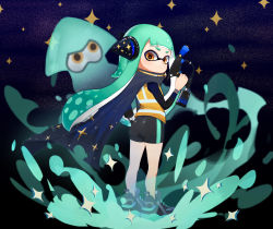 Rule 34 | 1girl, absurdres, aqua hair, ass, black footwear, blue cape, blunt bangs, cape, closed mouth, gradient cape, gradient clothes, grey cape, gun, headgear, highres, holding, holding gun, holding weapon, huge filesize, inkling, inkling girl, inkling player character, lmonster guai, long hair, looking at viewer, looking back, nintendo, orange eyes, solo, splatoon (series), standing, star (sky), star (symbol), star print, tentacle hair, tight clothes, torn, torn cape, torn clothes, weapon