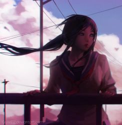 Rule 34 | 1girl, artist name, blue sky, cable, chromatic aberration, closed mouth, cloud, expressionless, floating hair, guweiz, ilya kuvshinov (style), lips, long hair, looking afar, looking to the side, neckerchief, nose, original, outdoors, power lines, purple eyes, purple hair, purple theme, school uniform, serafuku, sky, solo, standing, text focus, upper body, utility pole, watermark, web address