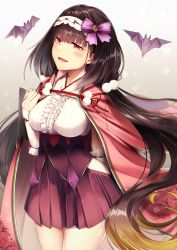 Rule 34 | 1girl, bat (animal), black hair, blush, bow, breasts, brown hair, center frills, cloak, cowboy shot, fate/grand order, fate (series), frills, gradient hair, hair bobbles, hair bow, hair ornament, hairband, hip vent, hood, hood down, japanese clothes, koruta (nekoimo), large breasts, long hair, looking at viewer, low twintails, miniskirt, multicolored hair, open mouth, origami, osakabehime (fate), parted lips, pleated skirt, pom pom (clothes), red eyes, skirt, smile, solo, tablet pc, twintails, underbust