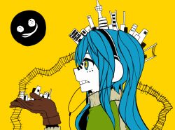 Rule 34 | 1girl, blue hair, brown gloves, building, city, crazy eyes, facial mark, gloves, hatsune miku, headphones, jacket, leather, leather gloves, long hair, matryoshka (vocaloid), multicolored eyes, noppeziru, skyscraper, smiley face, solo, teeth, twintails, utility pole, vocaloid, yellow background, yellow eyes, zipper