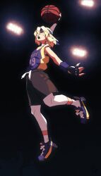 Rule 34 | 1boy, absurdres, alternate costume, aqua eyes, ball, basketball, basketball (object), basketball court, basketball jersey, basketball uniform, blonde hair, bridget (guilty gear), fingerless gloves, gloves, guilty gear, guilty gear strive, gym shorts, gym uniform, highres, holding, holding ball, jersey, looking to the side, machitoons, male focus, medium hair, open mouth, shoes, shorts, sneakers, sportswear, trap