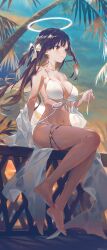 Rule 34 | 1girl, absurdres, arm support, bare legs, barefoot, beach, bikini, black hair, bow, breasts, brown eyes, front-tie bikini top, front-tie top, hair bow, halo, highres, large breasts, light smile, long hair, navel, original, palm tree, sitting, solo, sunset, swimsuit, swkl:d, thigh strap, tree, white bikini, white bow