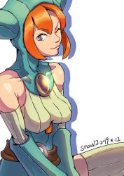Rule 34 | 1girl, animal hood, breasts, breath of fire, breath of fire v, cat hood, closed mouth, dress, hood, lin (breath of fire), looking at viewer, one eye closed, orange hair, purple eyes, short hair, simple background, smile, snow12, solo, thighhighs, white background