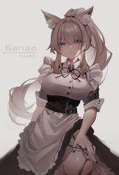 Rule 34 | 1girl, animal ear fluff, animal ears, apron, artist name, belt, black dress, black nails, black ribbon, black thighhighs, blue eyes, blush, breasts, cat ears, clothes lift, collared dress, cowboy shot, dress, dress lift, groin, high ponytail, highres, lifted by self, long hair, looking at viewer, maid, maid apron, mole, mole under eye, mole under mouth, nail polish, neck ribbon, original, parted lips, ponytail, ribbon, shiro kanae, sidelocks, silver hair, simple background, skindentation, sleeves rolled up, solo, thigh strap, thighhighs, very long hair, white background